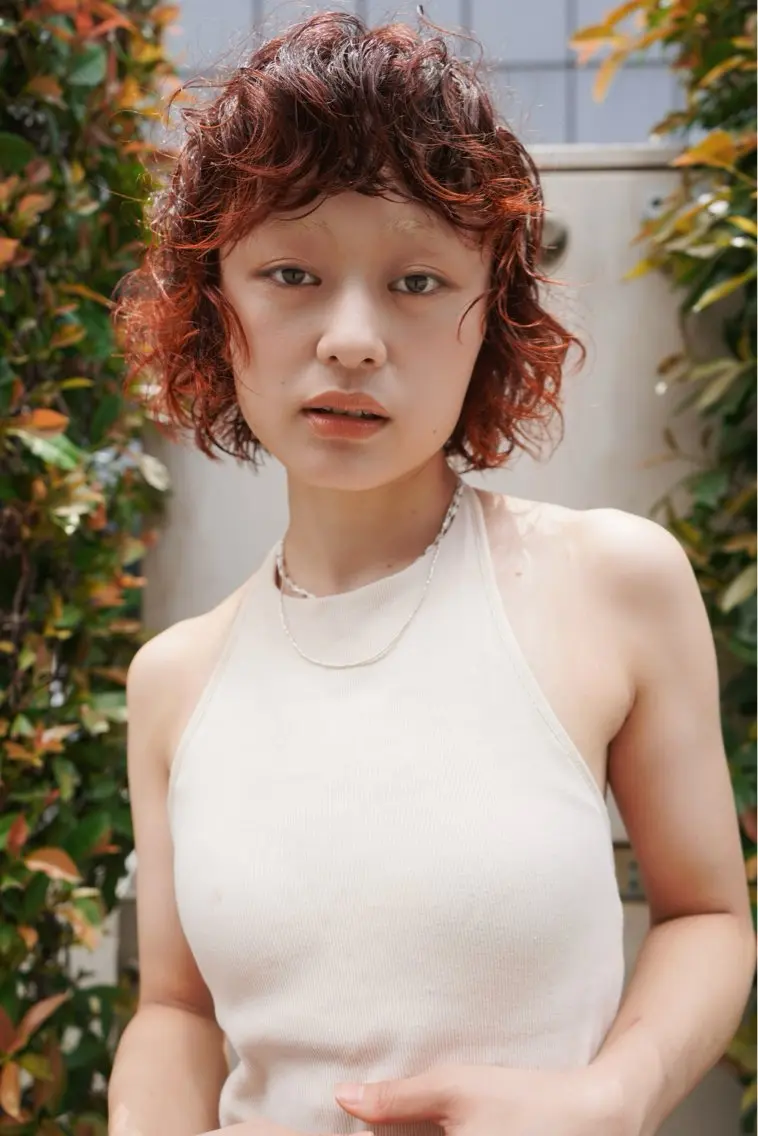 ショート カラー パーマ ボブレイヤー オレンジ ボブ レイヤーカット カット パーマ トリートメント MISA レイヤーカットのヘアスタイル