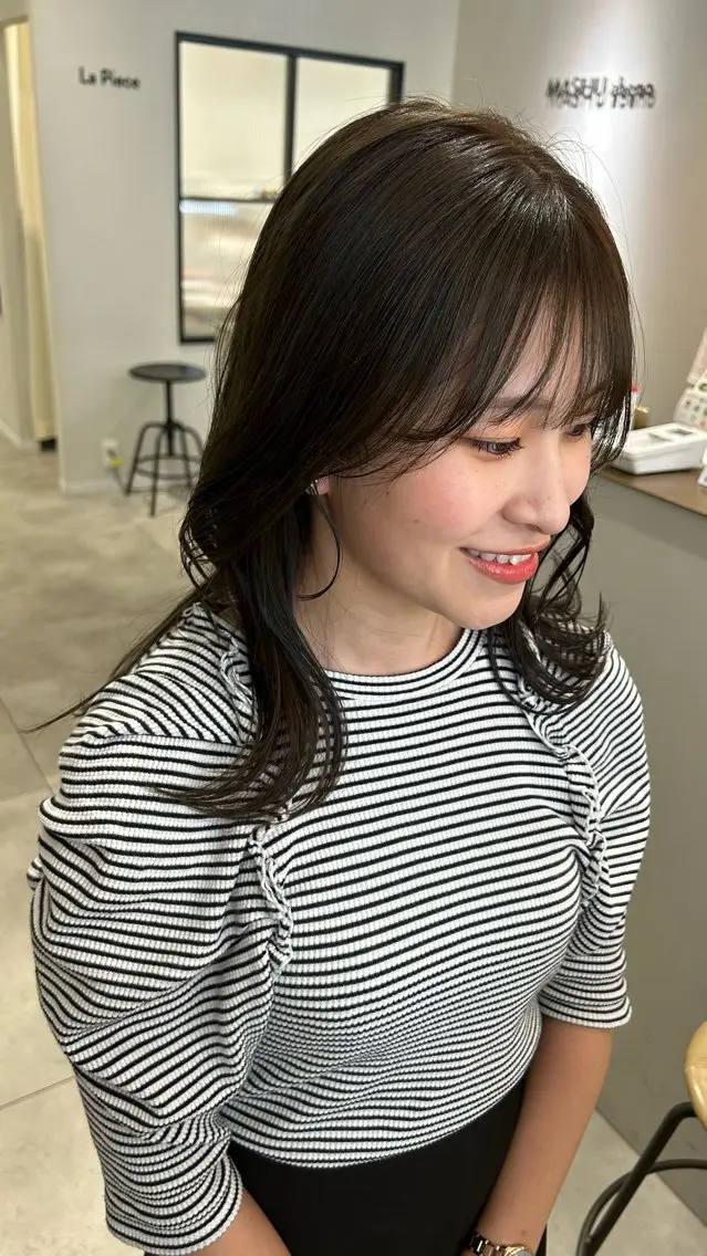 セミロング カラー オレンジ カット ヘアカラー オリーブベージュ/ ブリーチなし透明感のヘアスタイル
