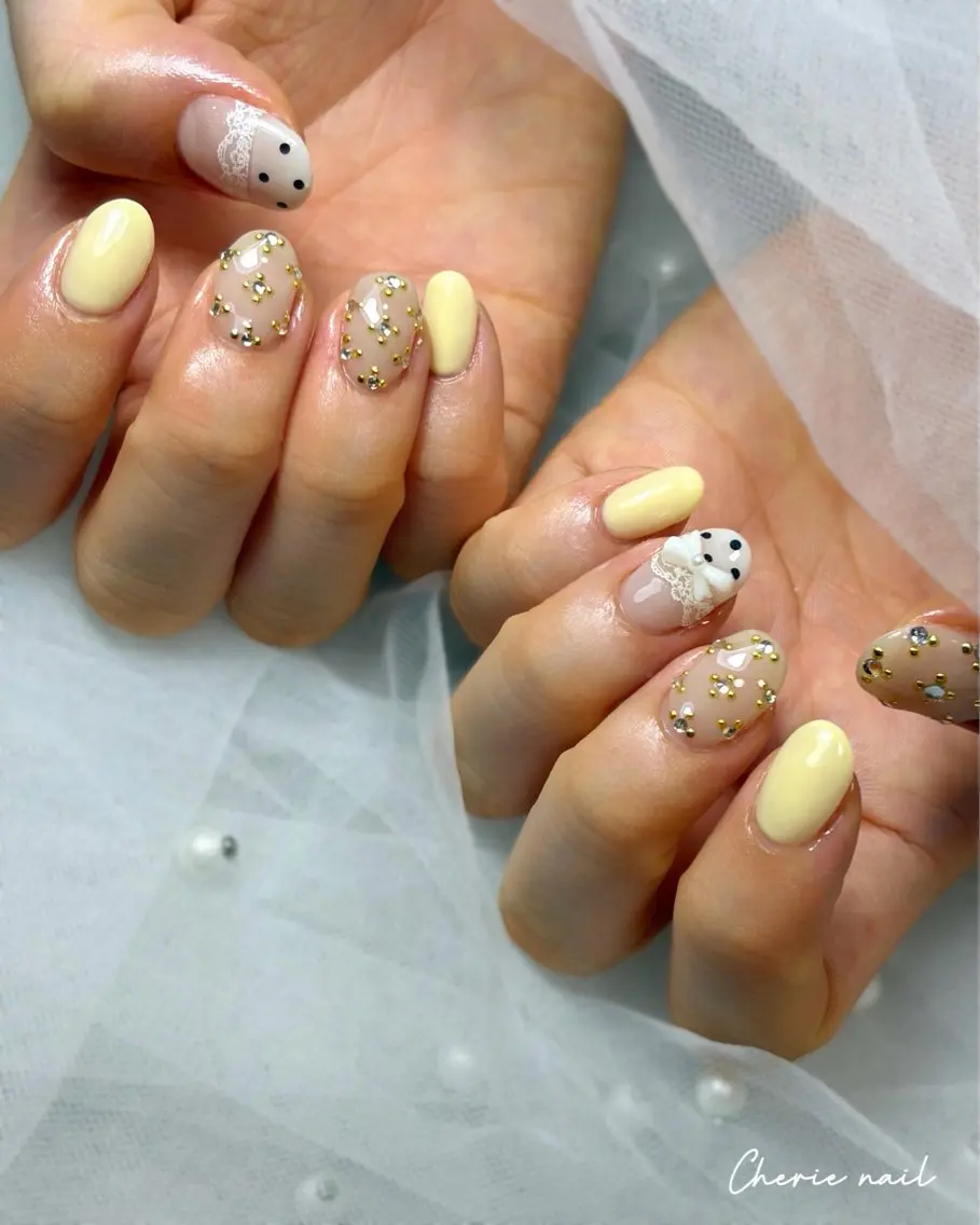 ネイル ジェルネイル 韓国ネイル レース パステルネイル リボン ハンドネイル Cherienail yunaのネイルデザイン