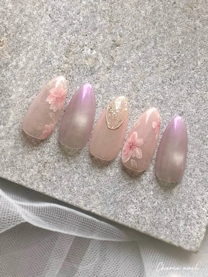 ネイル 桜ネイル ジェルネイル マグネットネイル ミラーネイル ピンク ハンドネイル Cherienail yunaのネイルデザイン