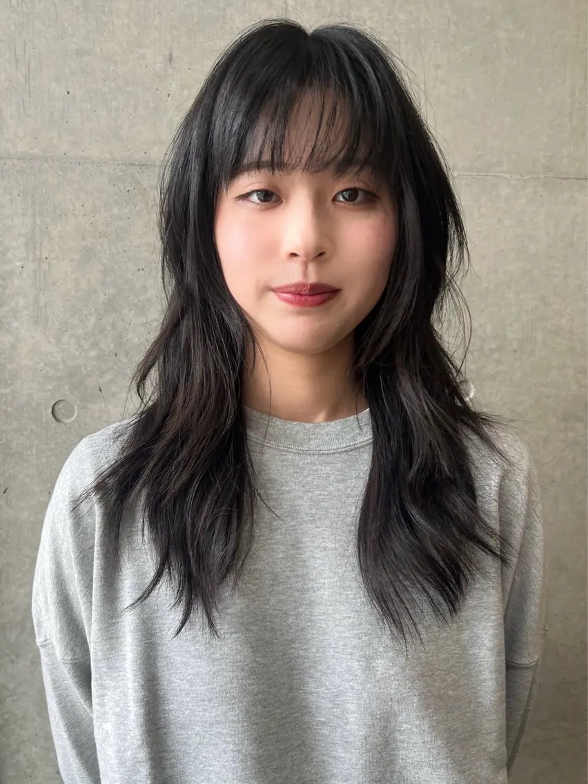 ロング アッシュ オレンジブラウン 顔まわりレイヤー ハッシュカット 韓国風ヘア カット トリートメント レイヤーカット\ウル フ　chinatsuのヘアスタイル