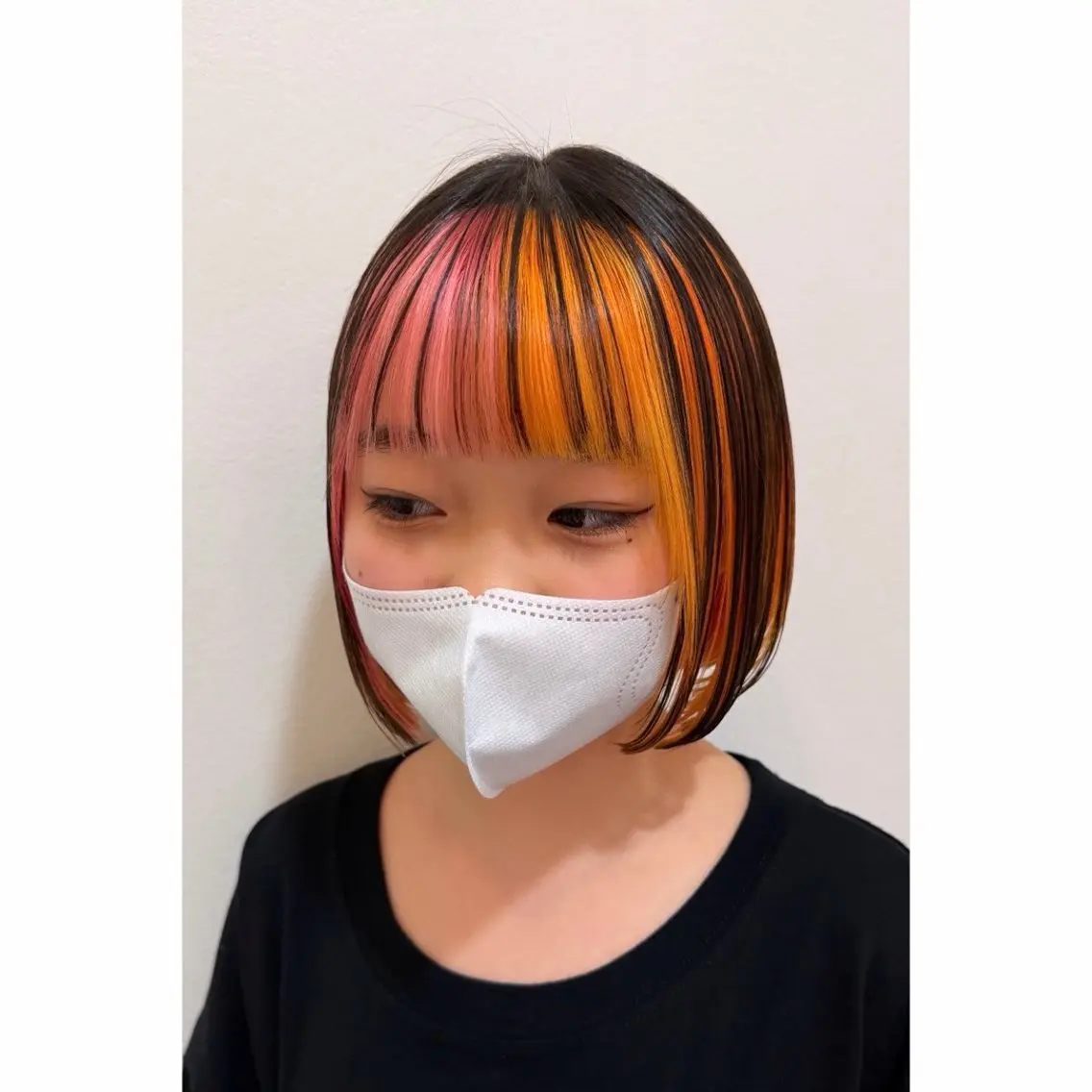 ミディアム カラー キッズ デザインカラー オレンジ ピンクカラー カット ヘアカラー トリートメント beaute錦糸町 🦖⋆͛yuka💚のヘアスタイル