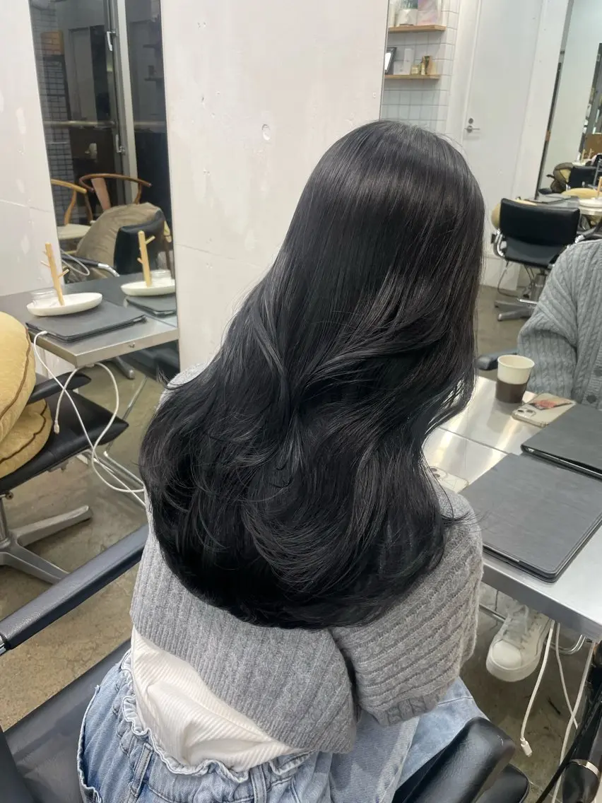 ロング カラー アディクシーカラー 黒髪 ダークグレー ダークグレージュ グレーブラック カット ヘアカラー ♡🪞韓国スタイル/ MISATO🪞♡のヘアスタイル