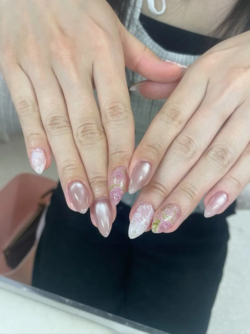 ネイル ガーリー レース マグネットネイル ワンホンネイル ハンドネイル nailsalon popoのネイルデザイン