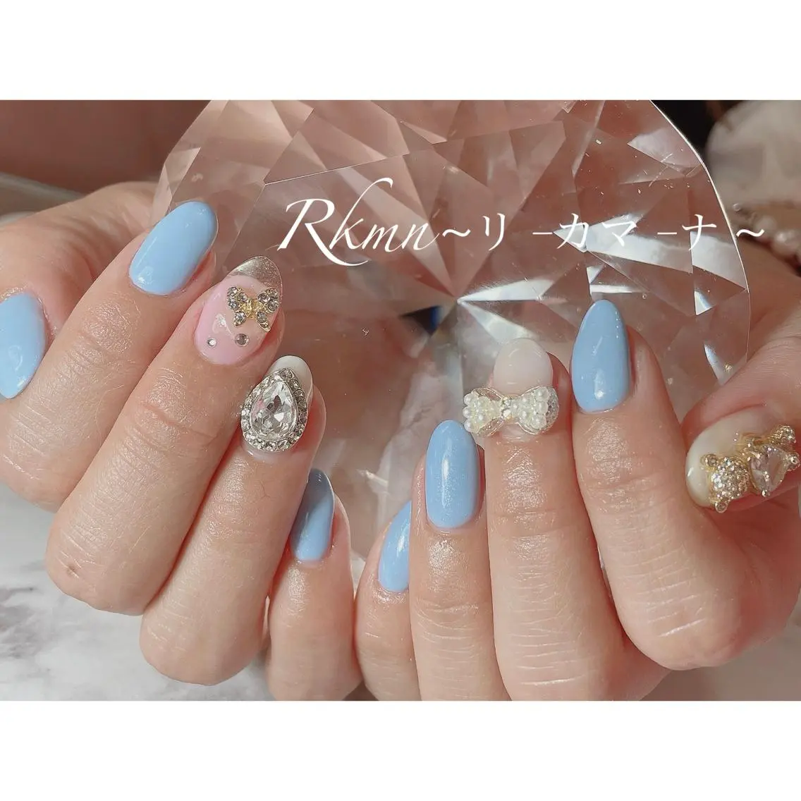 ネイル アートネイル クリアネイル フレンチネイル 水色 リボン ハンドネイル フットネイル ハンドケア Rkmn ~リ-カマ-ナ~のネイルデザイン