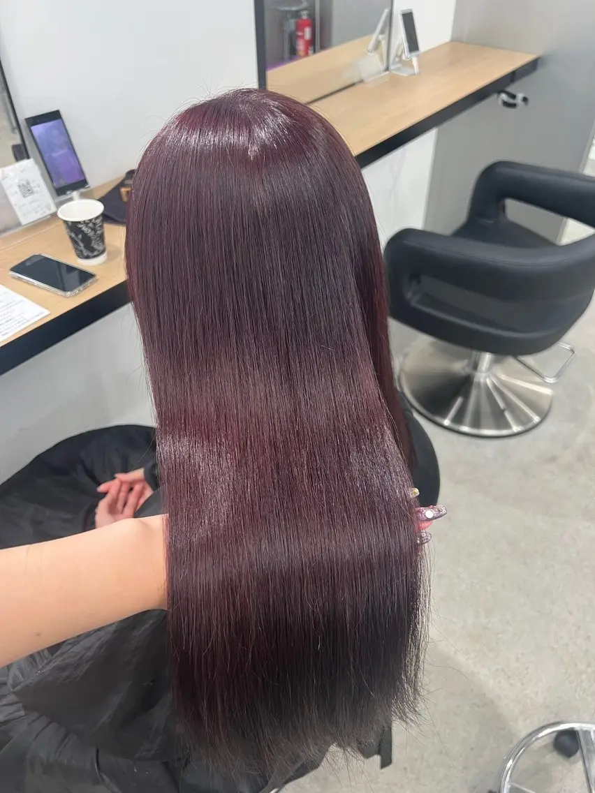 ロング カラー ブリーチ 髪質改善 トリートメント ヘアカラー 💗愛され暖色💗 ピンク/レッド💗のヘアスタイル