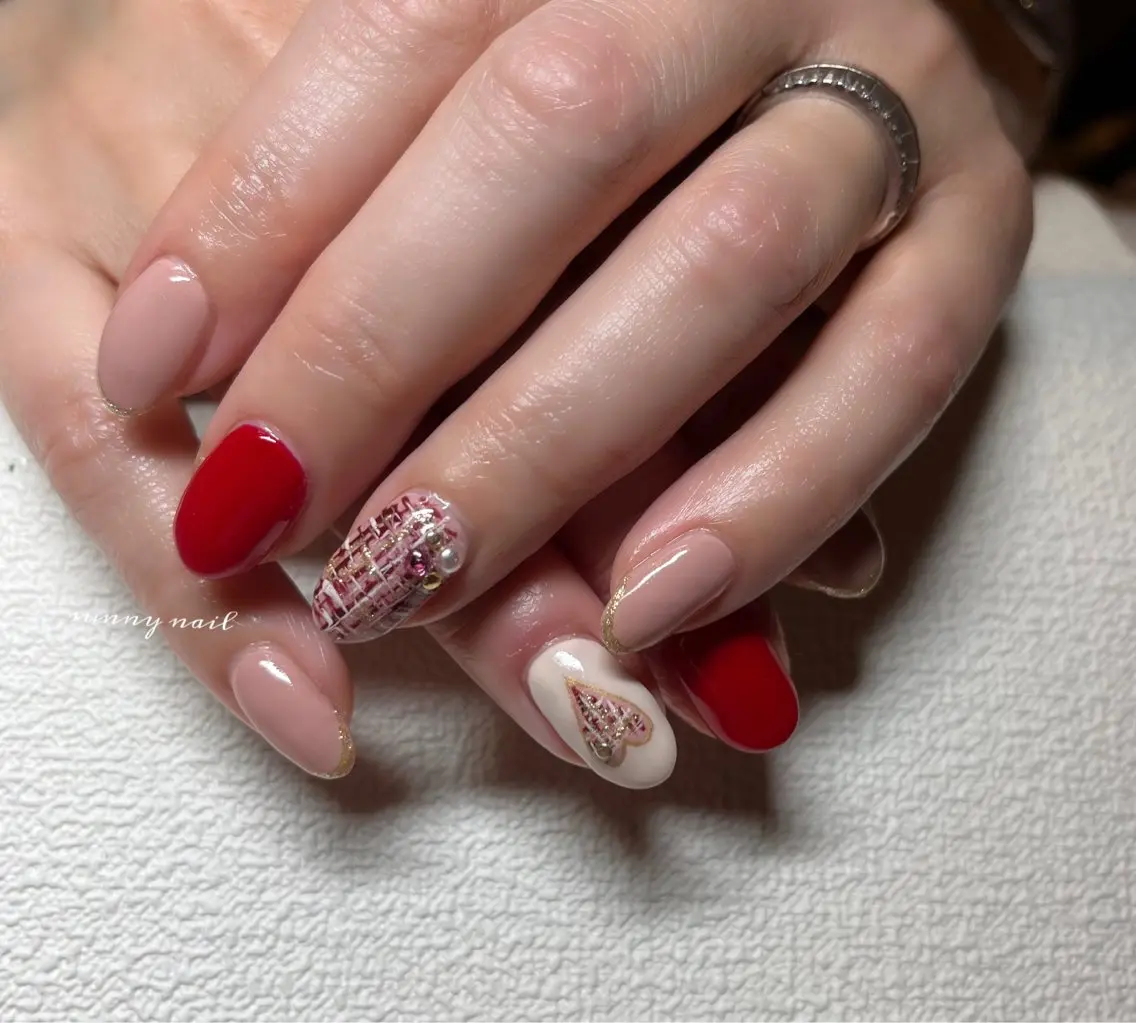 ネイル ジェルネイル ハート パラジェル ツイードネイル バレンタイン sunny nailのネイルデザイン