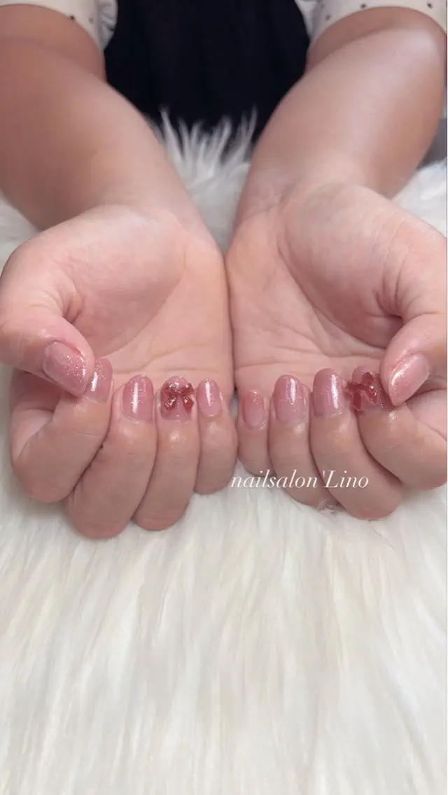 ネイル ピンク リボン ハンドネイル Lino𓂃⟡.· Chizuruのネイルデザイン