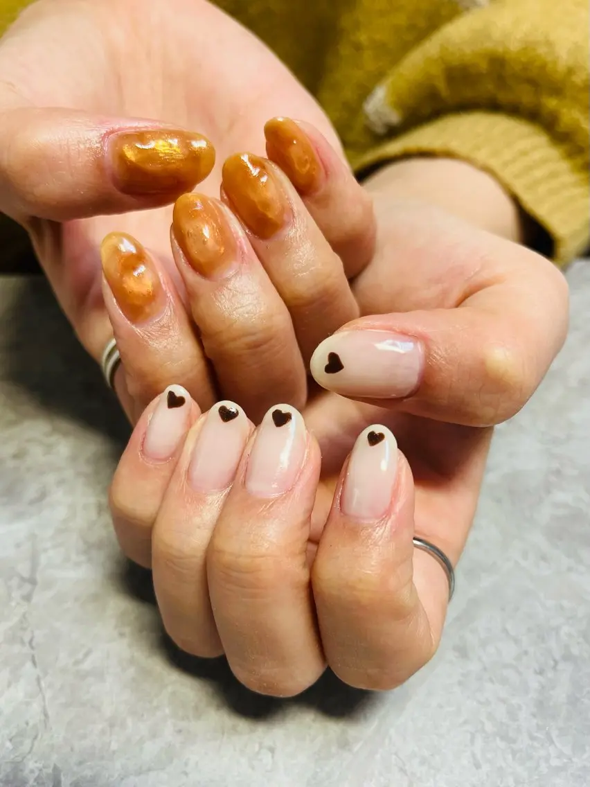 ネイル べっ甲ネイル ハート 持ち込み バレンタイン ハンドネイル ハンドケア ベテランネイル cnc  nailのネイルデザイン