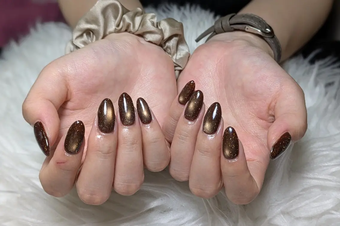 ネイル ブラウン フラッシュネイル マグネットネイル ワンカラーネイル シンプルネイル ハンドネイル m&pPrivate nailsalonのネイルデザイン