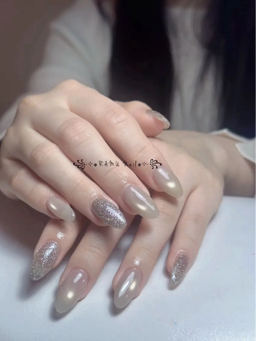 ネイル キラキラネイル マグネットネイル ミラーネイル ピンク 夏ネイル ハンドネイル RAMU Nail 恵比寿店のネイルデザイン