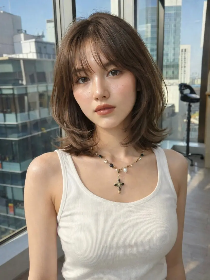 ミディアム カラー ミディアムレイヤー レイヤーカット カット ヘアカラー トリートメント SHION/銀座 まとまるカット🩵のヘアスタイル