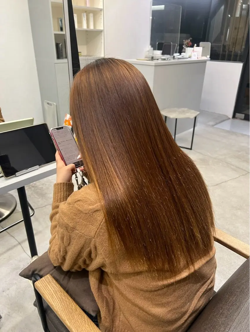 ロング パーマ 縮毛矯正 🍒モテ暖色カラー × うる艶✧ ゆなのヘアスタイル