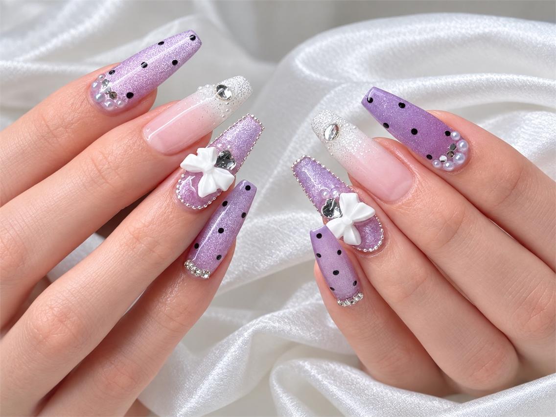ネイル ドット パープル リボン NAILS 168 大塚のネイルデザイン