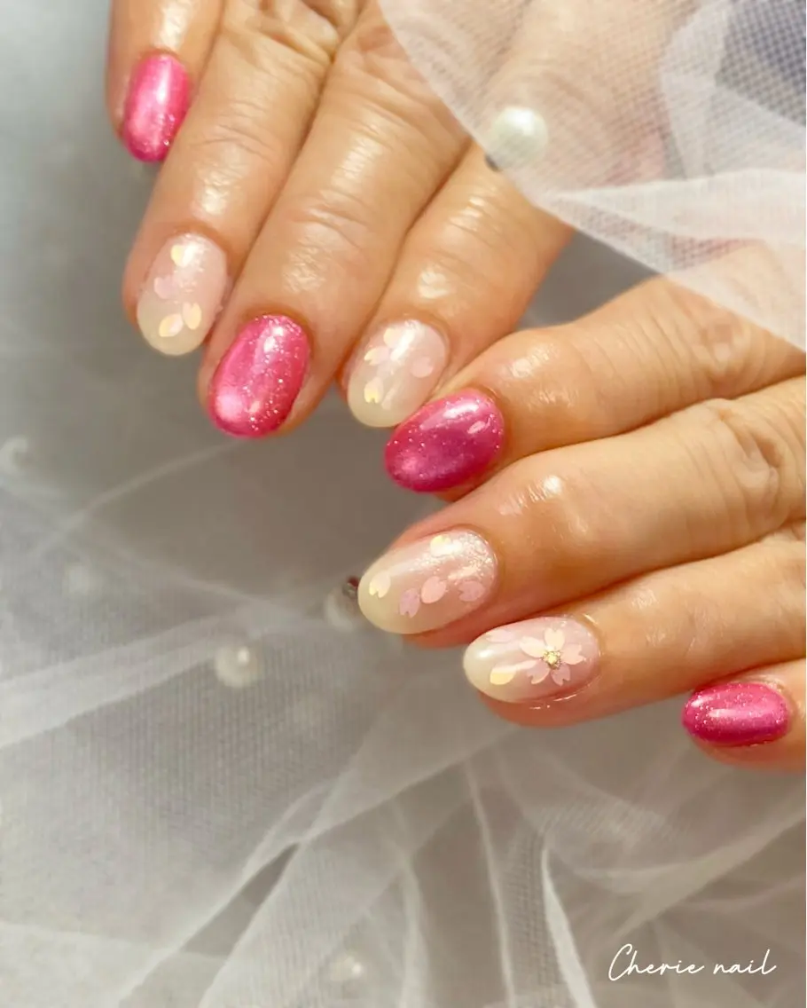 ネイル 桜ネイル ジェルネイル マグネットネイル ピンク 春ネイル ハンドネイル Cherienail yunaのネイルデザイン
