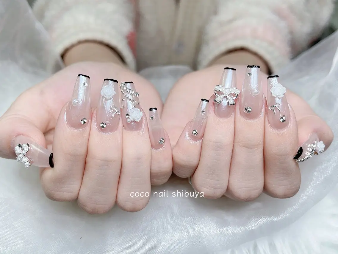 ネイル 成人式 大理石ネイル(マーブル) リボン 夏ネイル ネイルチップ ハンドネイル CoCo Nail 長さ出し専門店のネイルデザイン