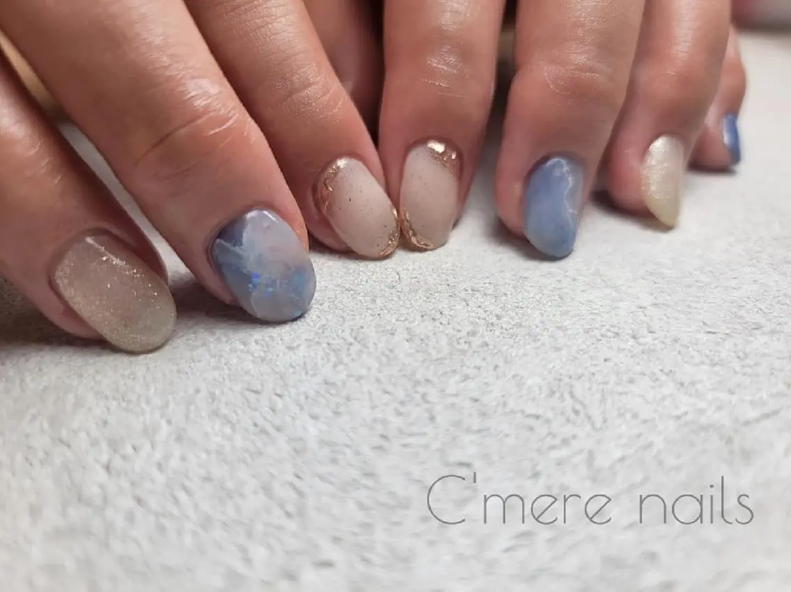 ネイル ブルー 大理石ネイル(マーブル) ハンドネイル nouva nailsのネイルデザイン
