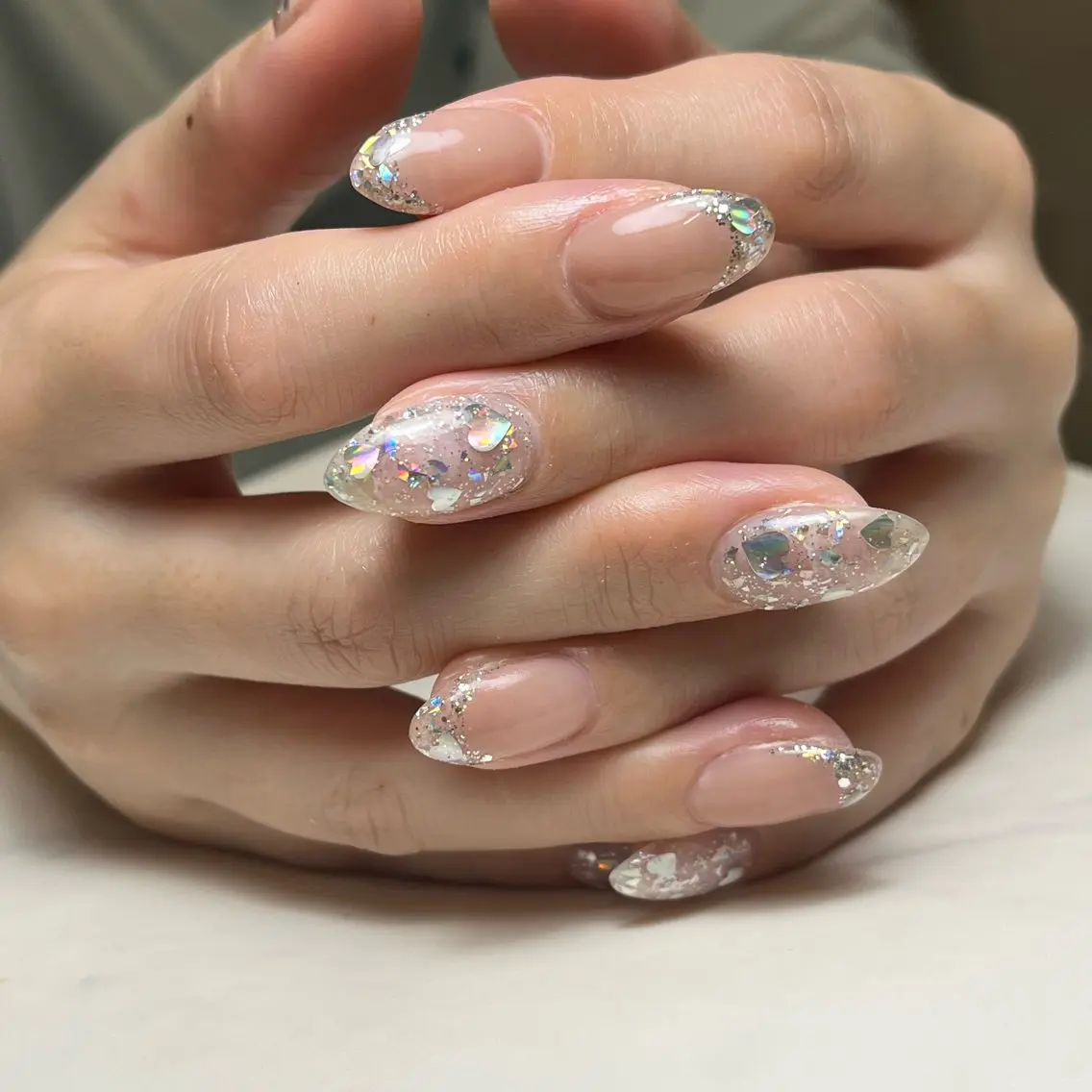 ネイル オーロラネイル フレンチネイル ガラスフレンチ ハート Nail salon Ladyのネイルデザイン