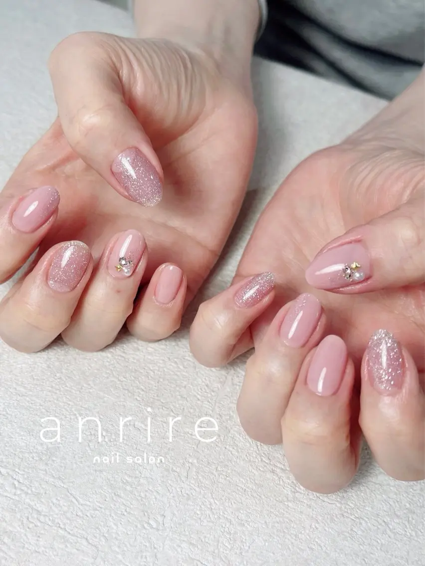 ネイル フラッシュネイル ジェルネイル キラキラネイル パラジェル ピンク ハンドネイル nailsalon anrireのネイルデザイン