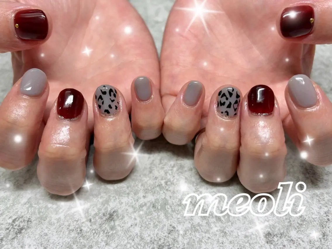ネイル アニマル柄 ボルドー ハンドネイル nail salon meoli　アヤのネイルデザイン