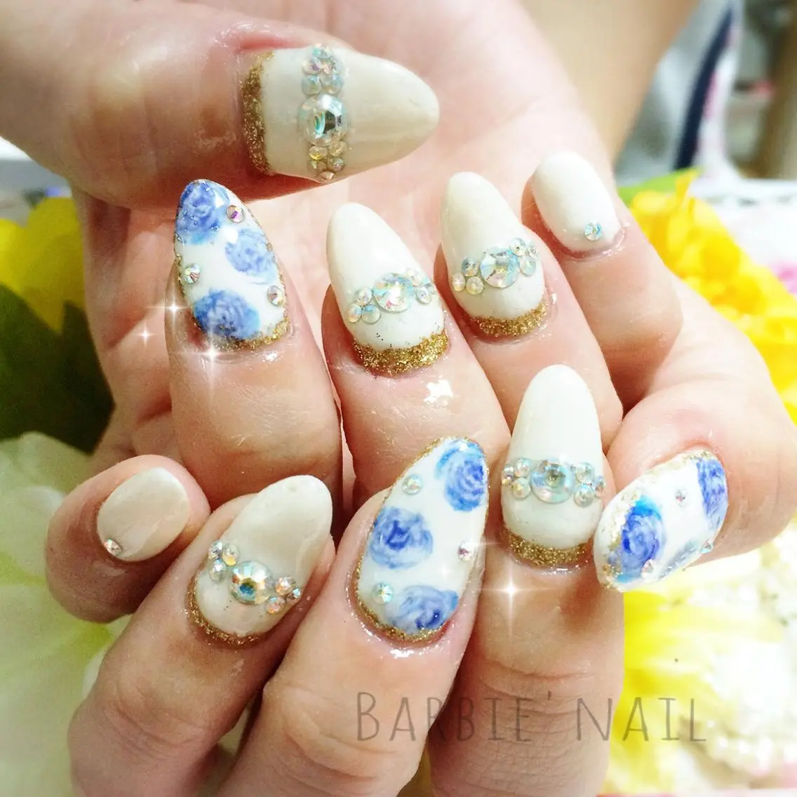 ネイル ブルー フレンチネイル ジェルネイル ゴールド ラメ(グリッター) 27salon yuinaのネイルデザイン