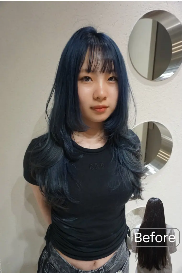 ロング カラー ブリーチ ブルーカラー ケアブリーチ ネイビーカラー ハッシュカット カット ヘアカラー トリートメント 大卒フリーランス 美容師☆ぬくいせいなのヘアスタイル