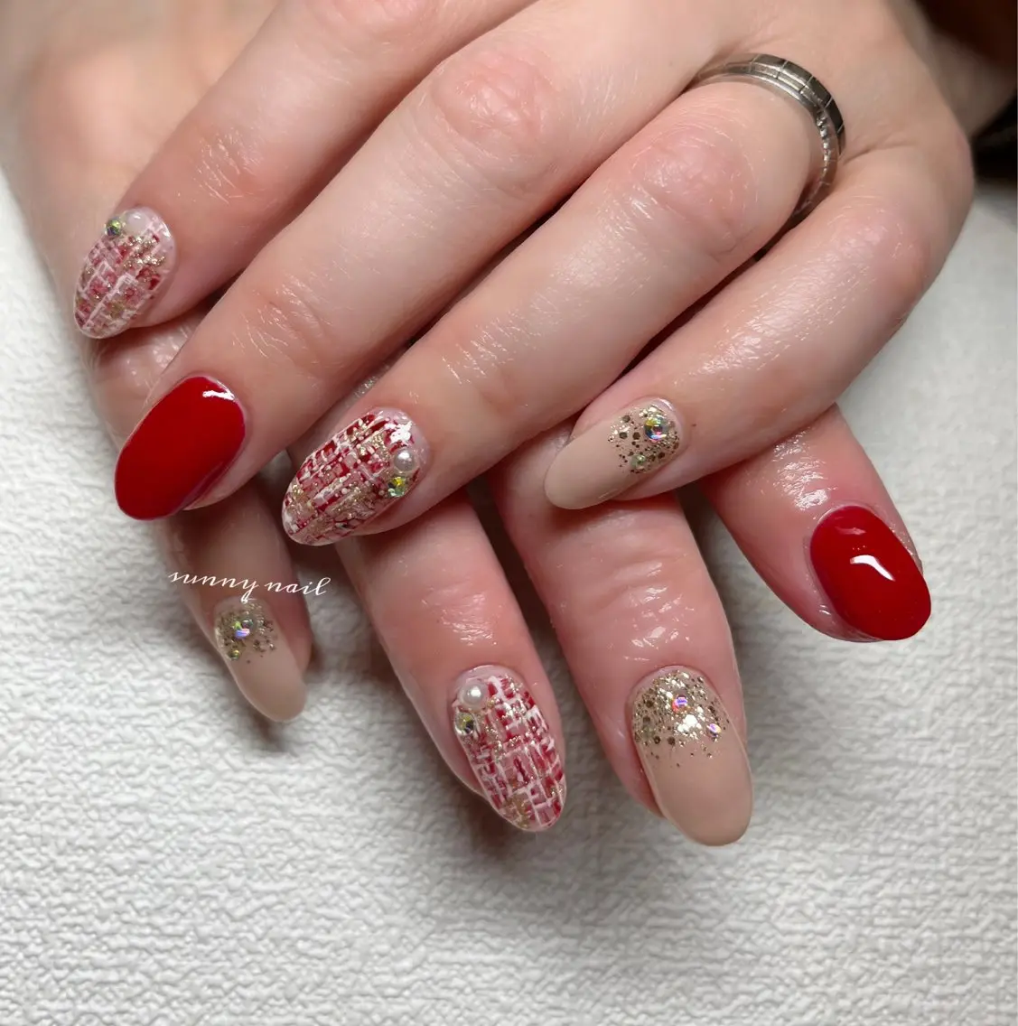 ネイル ジェルネイル パラジェル 赤色 ツイードネイル sunny nailのネイルデザイン