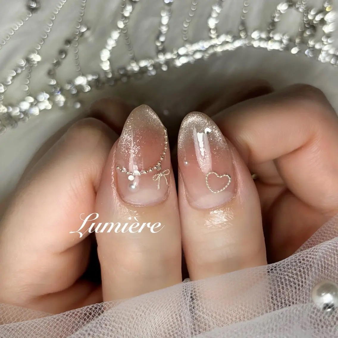 ネイル ハート リボン Lumière｜ ロング｜ワンホンのネイルデザイン