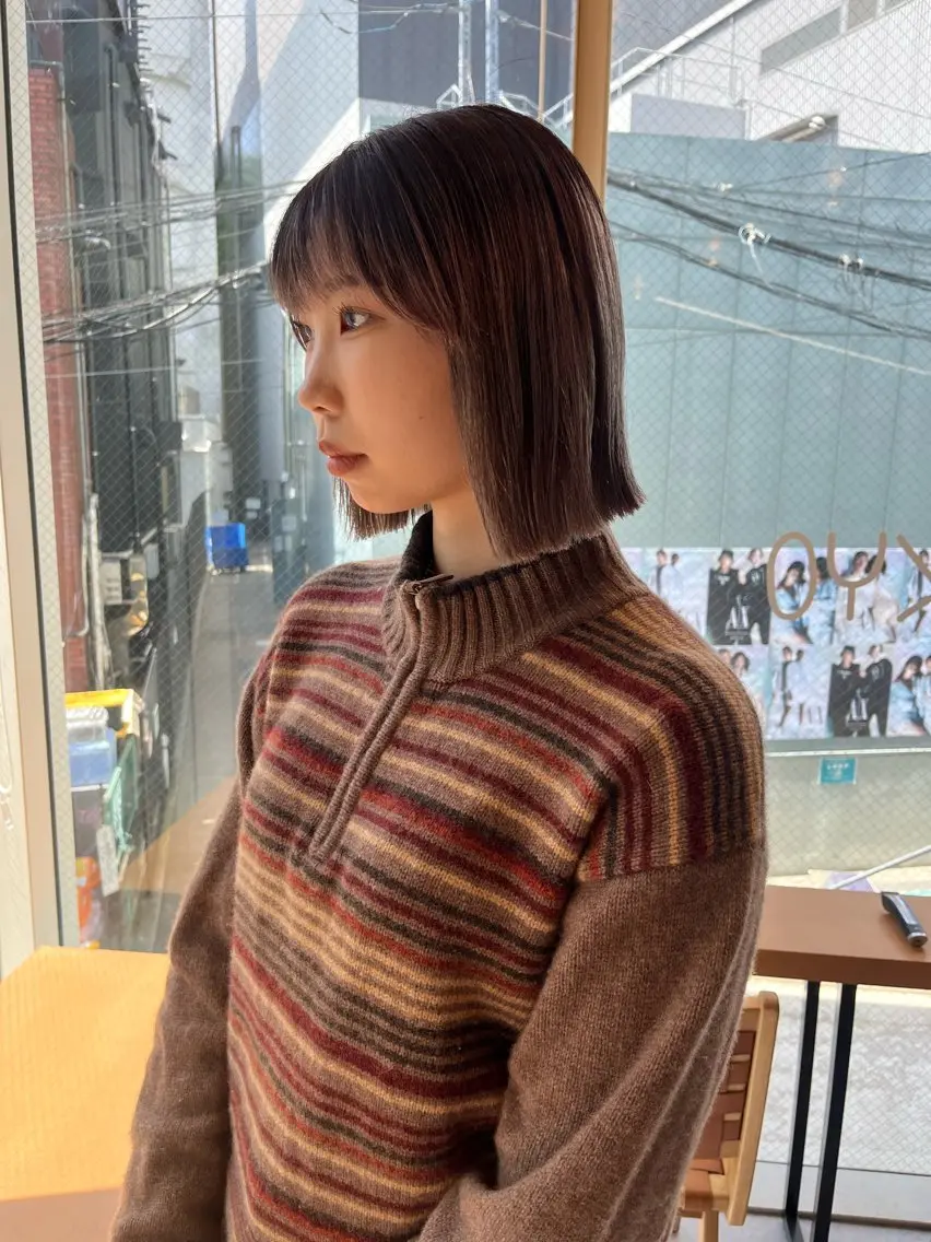 ミディアム カラー カット ヘアカラー トリートメント 縮毛矯正ボブ&顔まわ レイヤー♡TOMOEのヘアスタイル