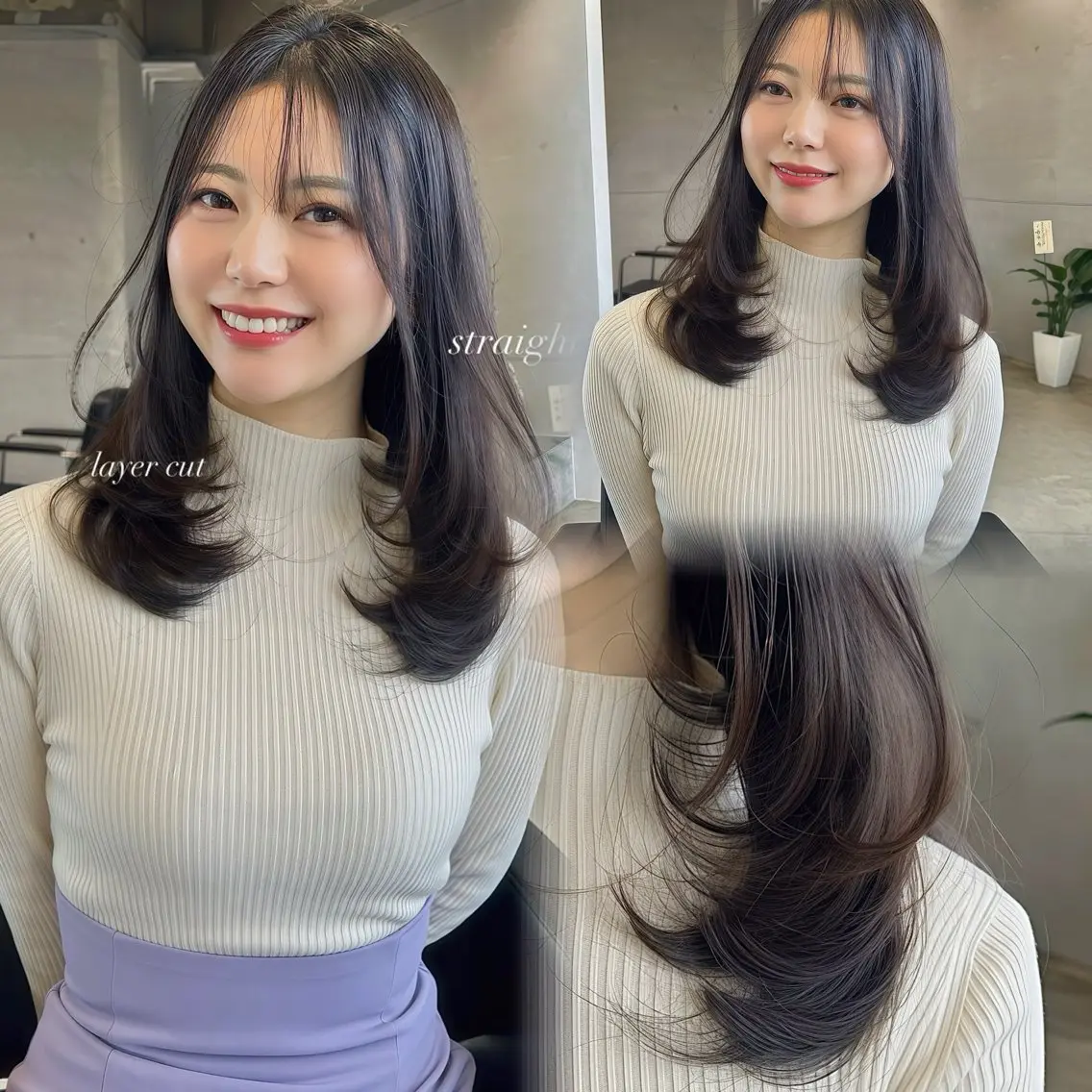セミロング カット ヘアカラー トリートメント 韓国🇰🇷レイヤー カットオリーブカラーのヘアスタイル