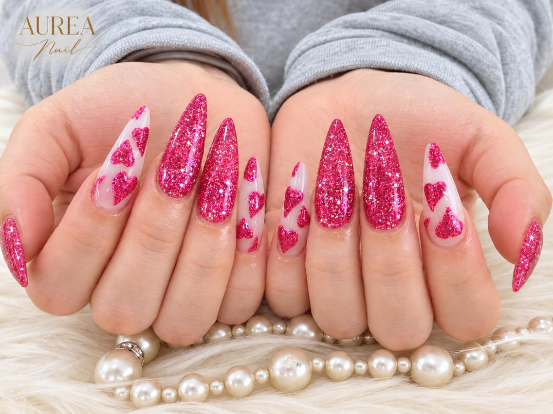 ネイル 長さ出し ハート キラキラネイル 韓国ネイル ロングネイル Mina Aurea Nailのネイルデザイン