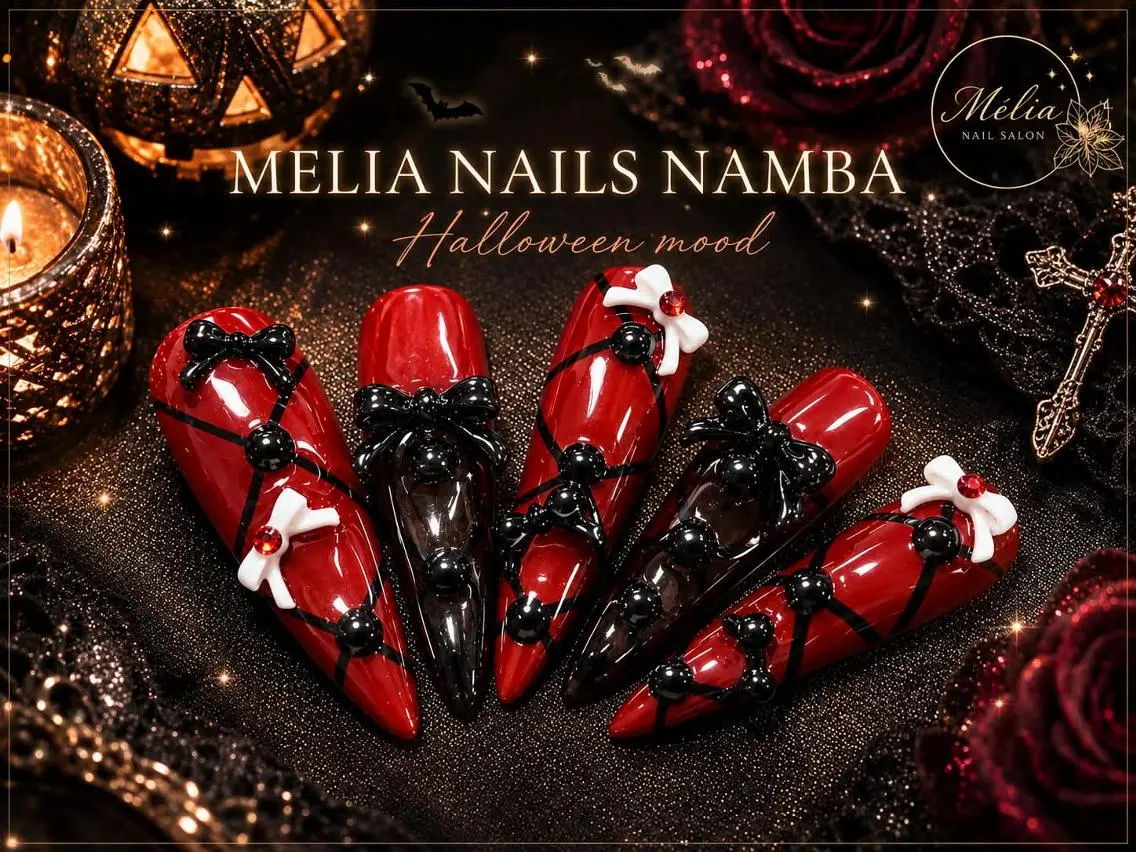 ネイル アートネイル ハロウィン ロングネイル 持ち込み 赤色 Melia Nail Nambaのネイルデザイン