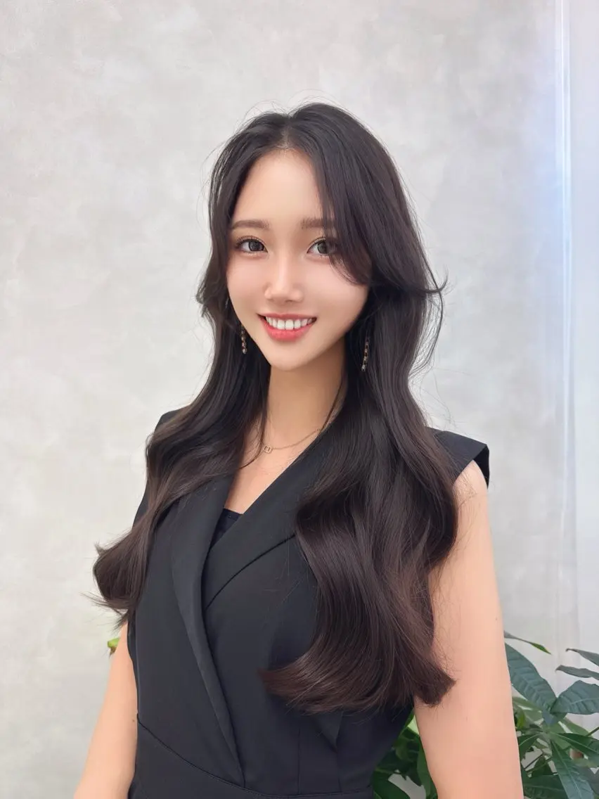 ロング カラー 黒髪 顔まわりレイヤー 韓国風ヘア レイヤーカット カット ヘアカラー トリートメント レイヤーカット/髪質 改善/矯正🤍吉田のヘアスタイル