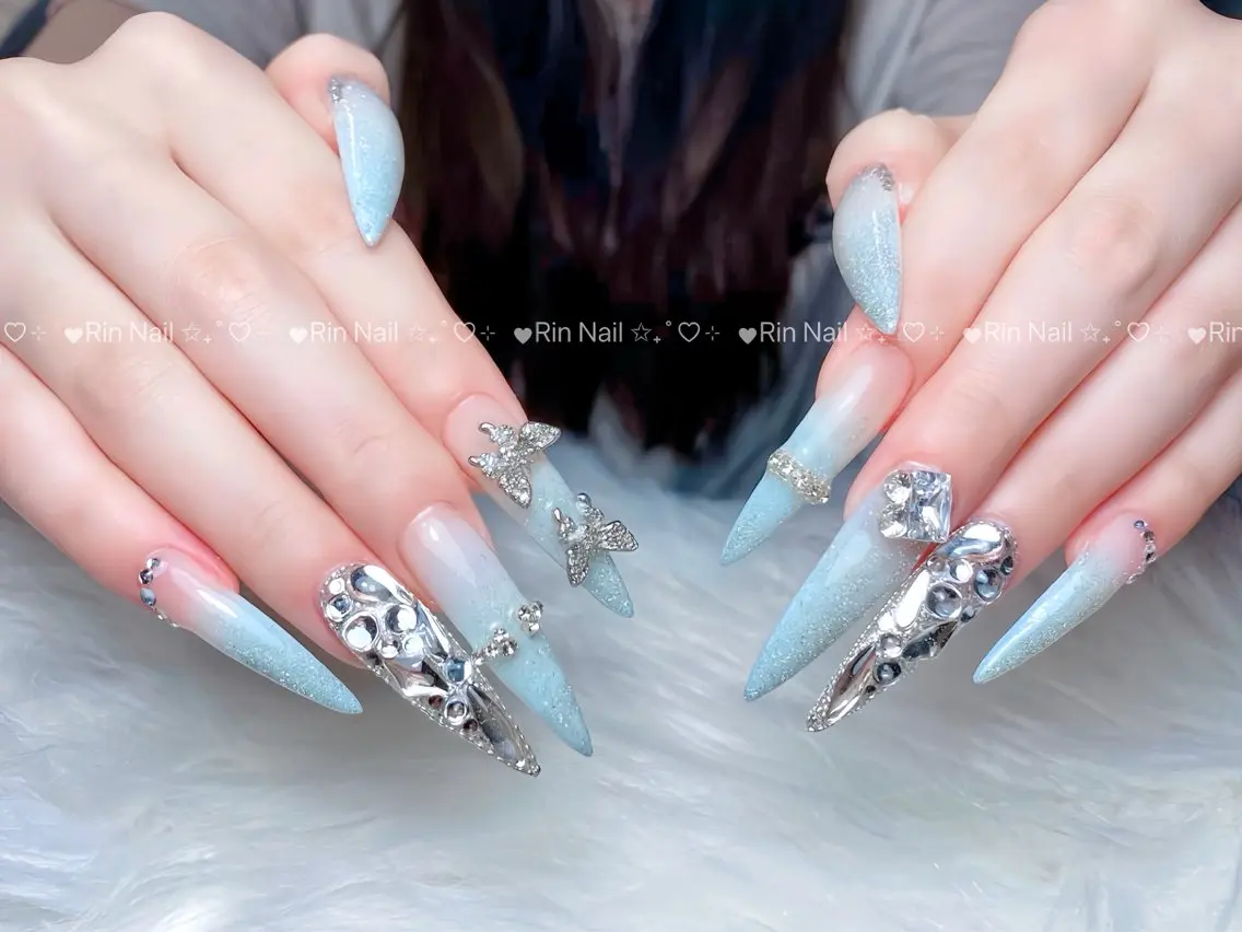 ネイル オーロラネイル ブルー フットネイル ジェルネイル 氷ネイル・うるうるネイル ハンドネイル Rin Nail 新大久保店のネイルデザイン
