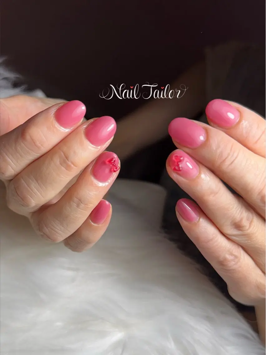 ネイル ワンカラーネイル ピンク リボン ショートネイル シンプルネイル ハンドネイル NailTailor ネイルテイラーのネイルデザイン