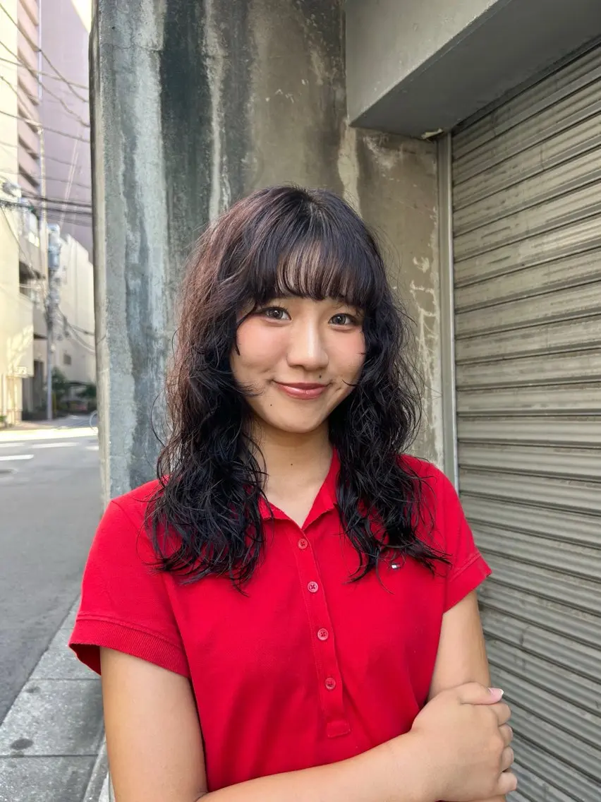 セミロング セミロングパーマ レイヤーカット カット ヘアカラー パーマ ayano/パーマ/ 暖色カラーのヘアスタイル
