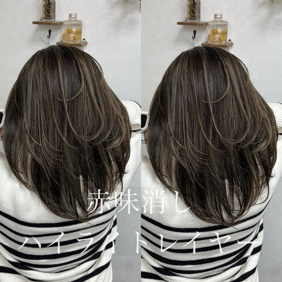 セミロング ハイライト レイヤーカット ヘアカラー トリートメント issy/ハイライト ハイトーン／レイヤーのヘアスタイル