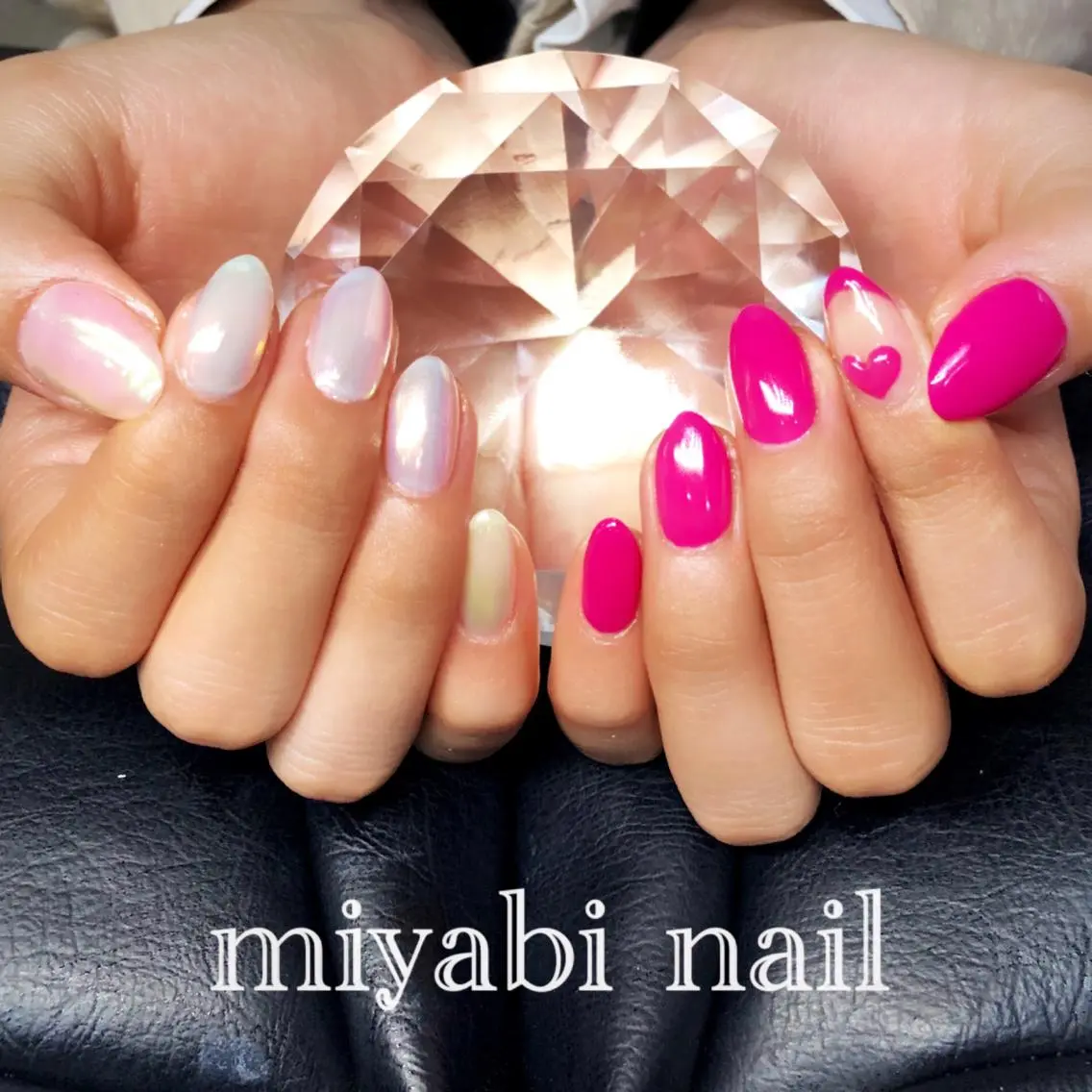 ネイル オーロラネイル ブルー フレンチネイル グリーン ハート ハンドネイル miyabi nail 桂川駅近くのネイルデザイン
