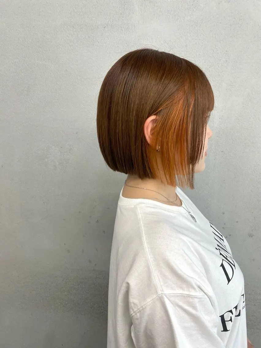 ショート カラー ヘアアレンジ 前下がりボブ オレンジ ボブ カット ヘアカラー #tag 佐藤璃美のヘアスタイル