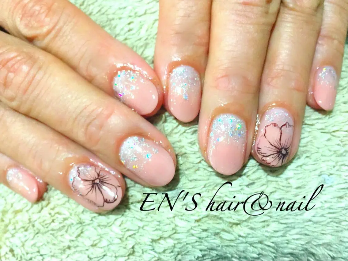 ネイル アートネイル 長さ出し ラメ(グリッター) ピンク ピンクベージュ フルリール 【プライベートサロンのネイルデザイン
