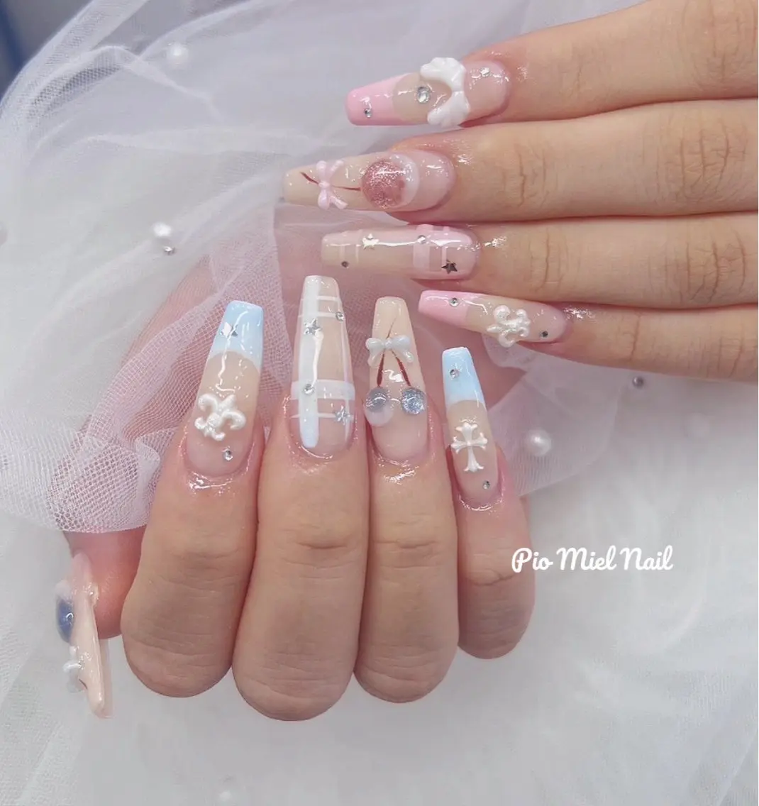 ロング 韓国風ヘア ハンドネイル HANA 長さだしのネイルデザイン