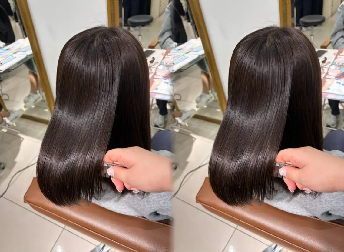 ミディアム カット ヘアカラー トリートメント 巻ける🫧縮毛矯正 💞はな🎀のヘアスタイル