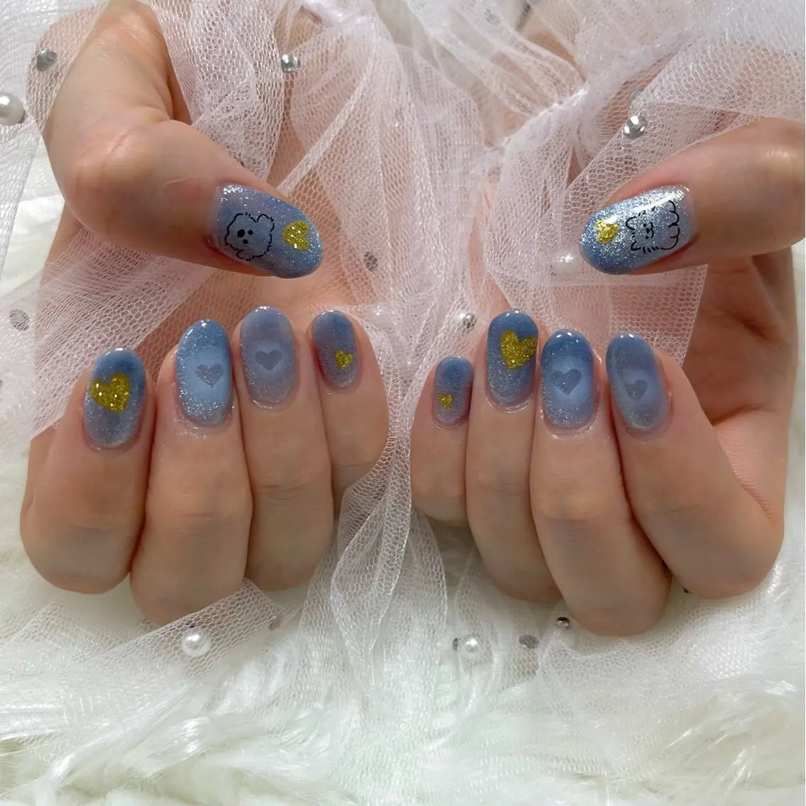 ネイル ハート 水色 マグネットネイル ハンドネイル SHINE nail salonのネイルデザイン