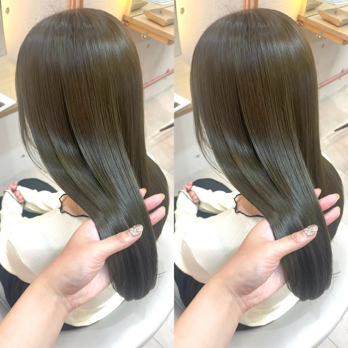 セミロング カラー ベージュカラー オリーブベージュ 髪質改善 トリートメント カット ヘアカラー トリートメント ヘアセット ブリーチ無しダブル カラー🦕まどかのヘアスタイル