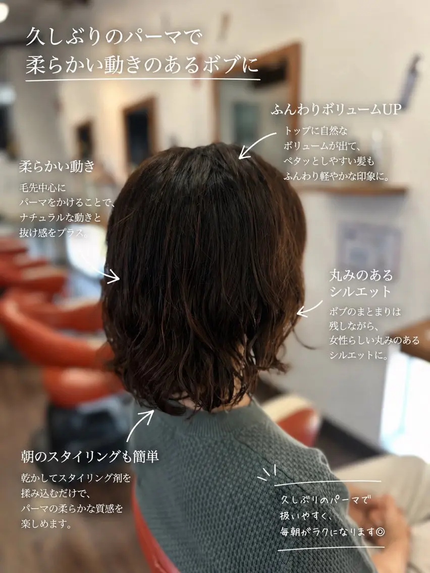 ミディアム パーマ ミディアムパーマ ボブ カット ヘアカラー パーマ confetti 早見つばさのヘアスタイル