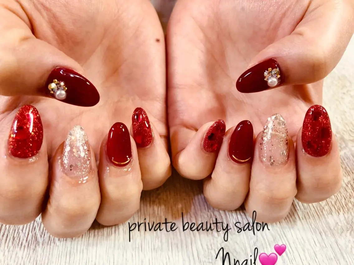 ネイル ハート 赤色 バレンタイン 🌿Nnail🌿 プライベートサロンのネイルデザイン