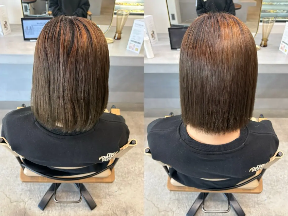 ミディアム 髪質改善 縮毛矯正 トリートメント 暖色カラー/透明感 ベージュ/結羽🌼のヘアスタイル