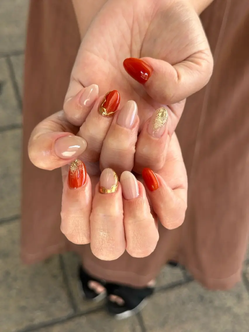 ネイル オレンジ 赤色 nailsalon ∞ ﾐｶﾅﾙ ∞のネイルデザイン