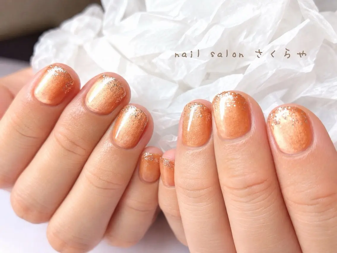 ネイル ジェルネイル キラキラネイル ラメ(グリッター) マグネットネイル オレンジ さくらや❤ パラジェル使用のネイルデザイン
