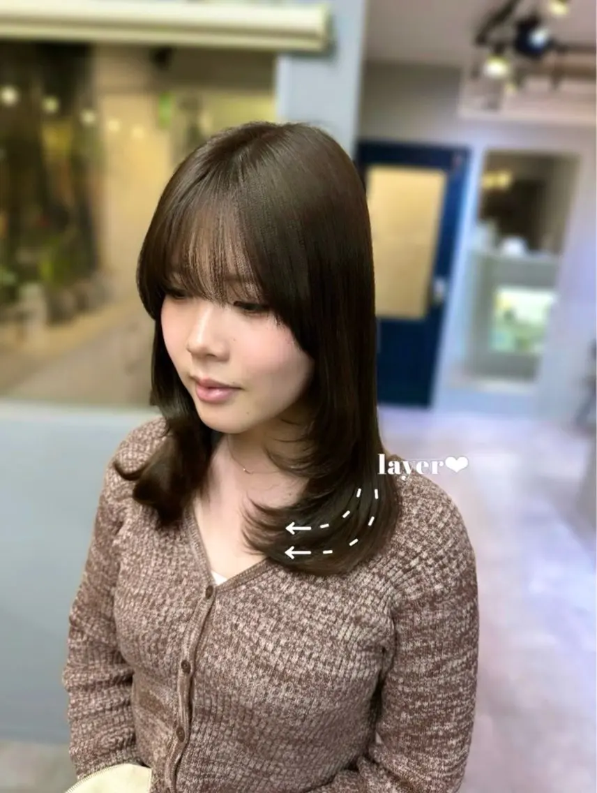 ミディアム 顔まわりレイヤー 顔周りカット レイヤーカット カット ヘアカラー トリートメント 西梅田/似合わせ🐰 Himeka♡のヘアスタイル